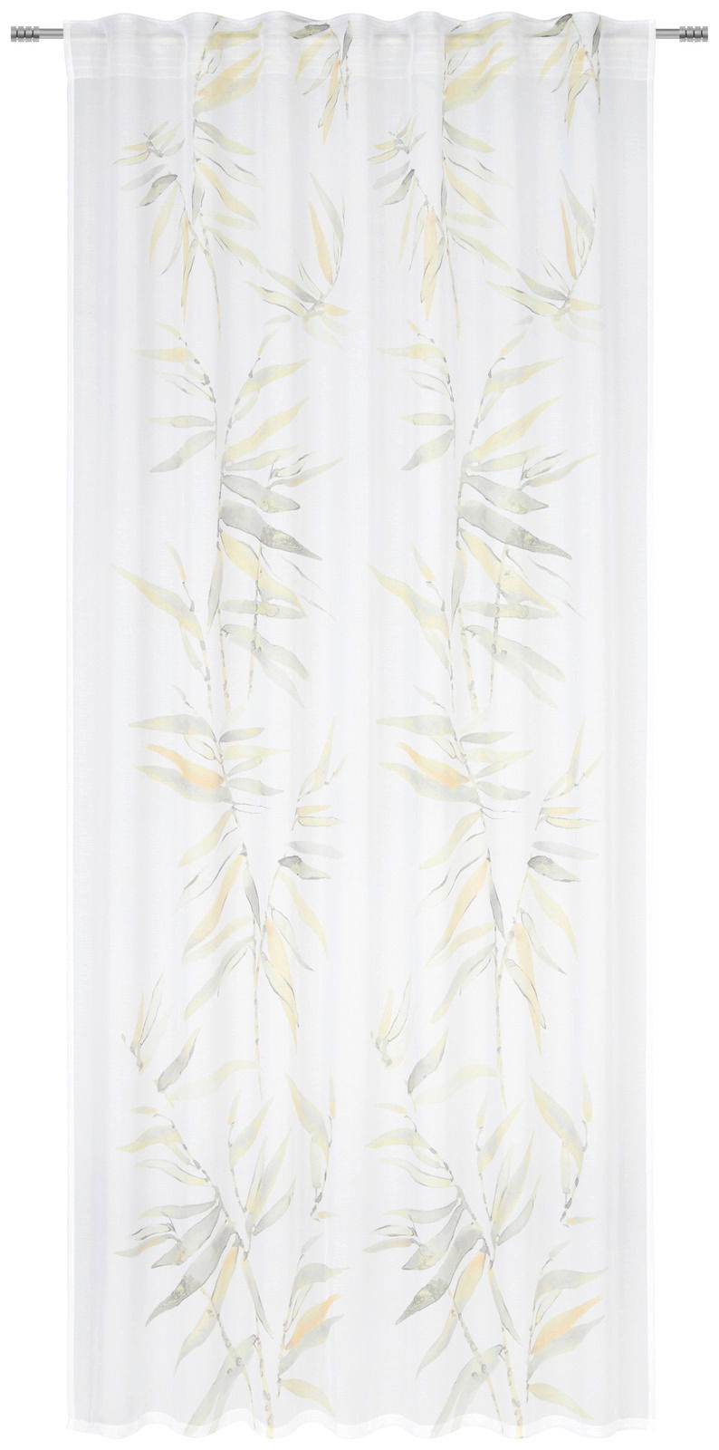 Fertigvorhang Bamboo mit zartem Bambusmuster auf weißem Hintergrund, frontal betrachtet.