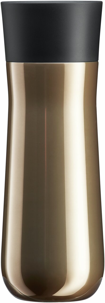 Goldener Impulse Isolierbecher 0,35l mit schwarzem Deckel, Frontalansicht