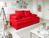 Rotes Funktionssofa in einem modernen Wohnzimmer, seitliche Perspektive