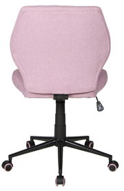 Rückansicht eines rosa Drehstuhls mit schwarzem Gestell und Rollen.