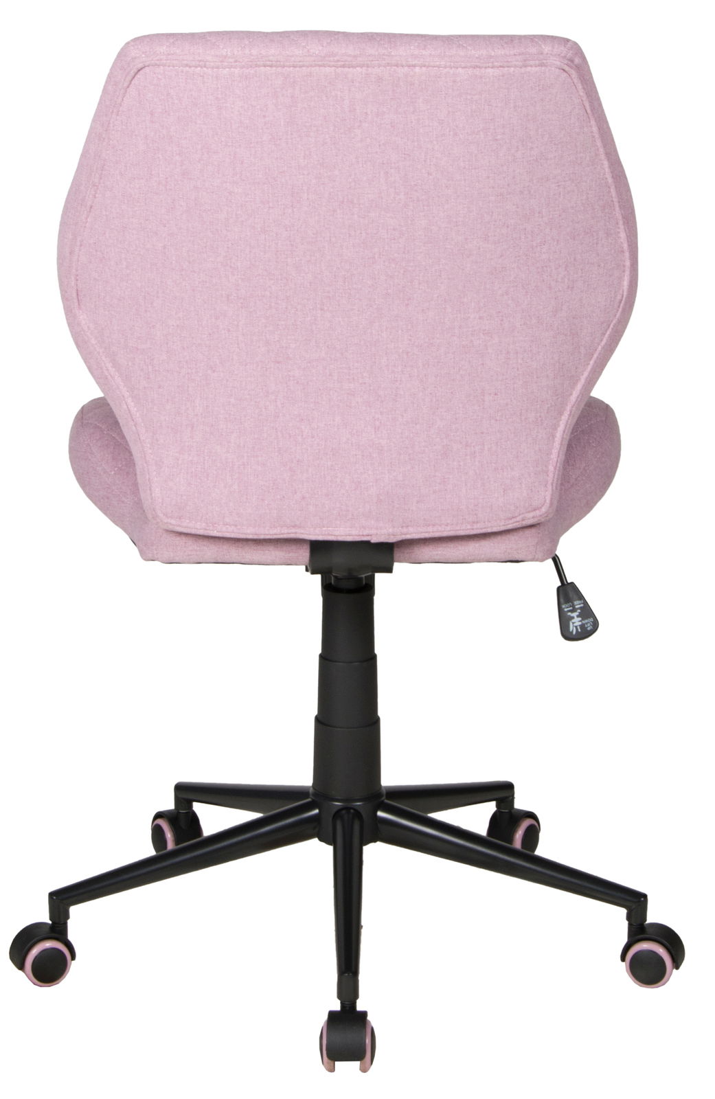Rückansicht eines rosa Drehstuhls mit schwarzem Gestell und Rollen.