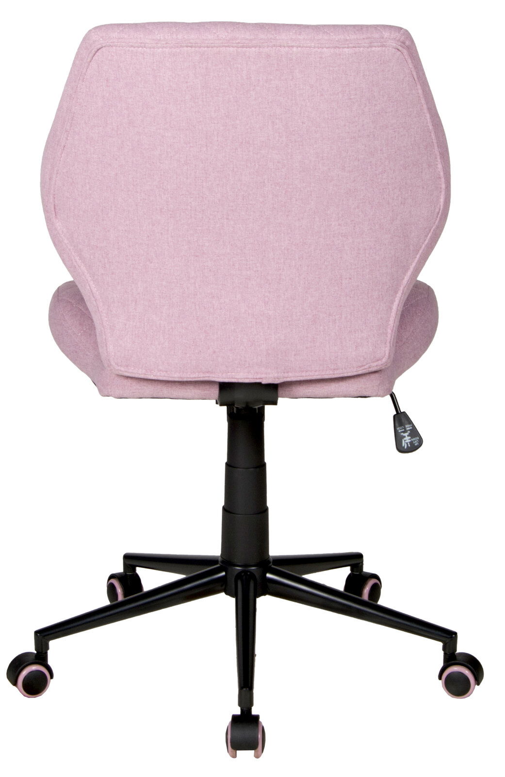 Rückansicht eines rosa Drehstuhls mit schwarzem Gestell und Rollen.