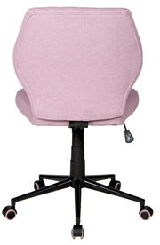 Rückansicht eines rosa Drehstuhls mit schwarzem Gestell und Rollen.