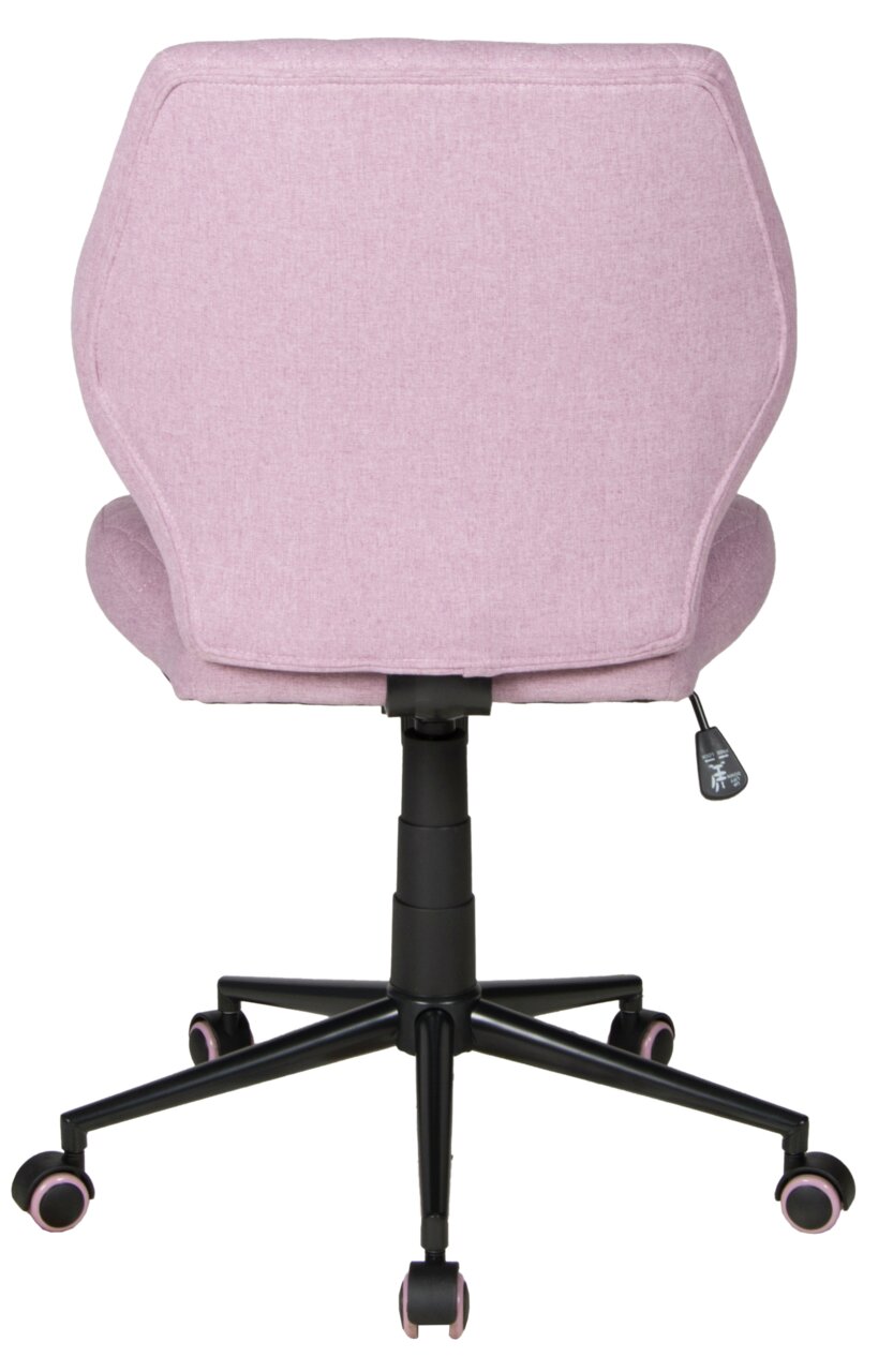 Rückansicht eines rosa Drehstuhls mit schwarzem Gestell und Rollen.
