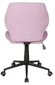 Rückansicht eines rosa Drehstuhls mit schwarzem Gestell und Rollen.