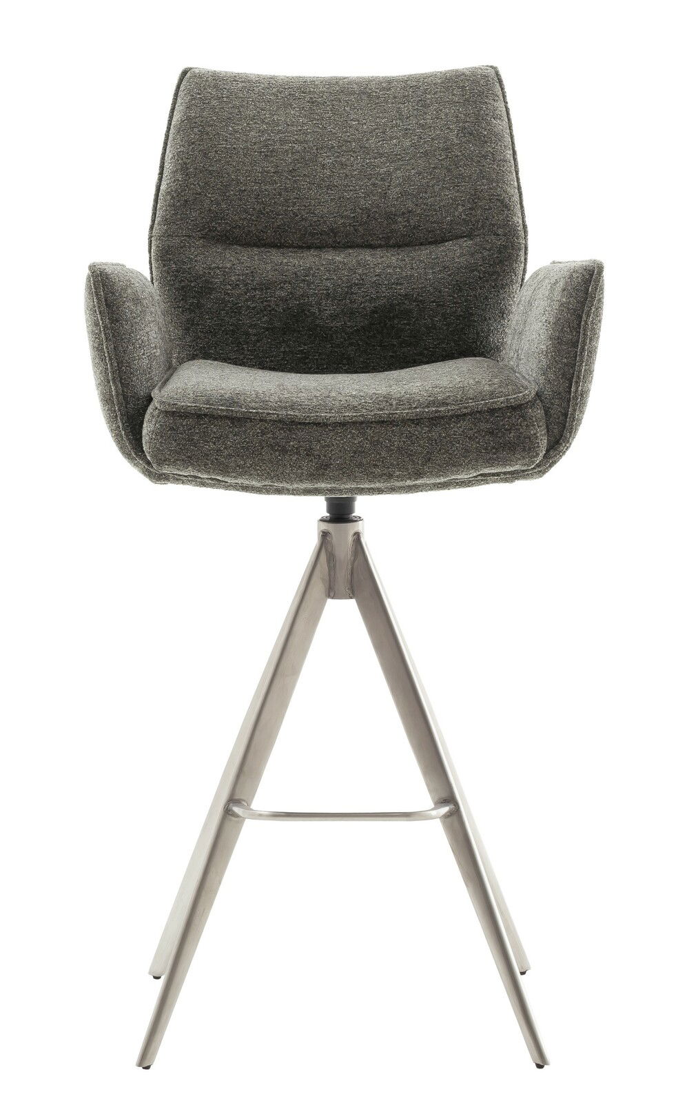 Moderner Barstuhl mit grauem Stoffbezug und Metallgestell, Frontalansicht