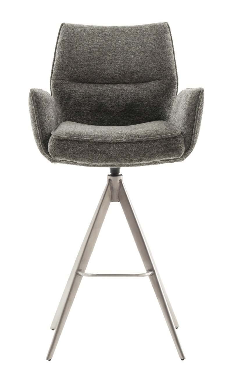 Moderner Barstuhl mit grauem Stoffbezug und Metallgestell, Frontalansicht