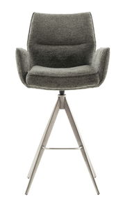 Moderner Barstuhl mit grauem Stoffbezug und Metallgestell, Frontalansicht