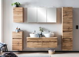 Moderne Badezimmermöbel aus Holz mit Hängeschrank, Spiegelschrank und Doppelwaschbecken, frontal betrachtet.