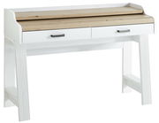 Weißer Sekretär der Serie JUDITH mit zwei Schubladen und einer Holzplatte, seitliche Perspektive