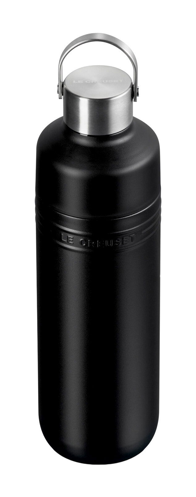 Schwarze, matte Trinkflasche mit Edelstahlverschluss, seitliche Perspektive