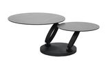 Moderner Couchtisch mit zwei runden, schwarzen Tischplatten in unterschiedlichen Höhen, seitliche Perspektive.