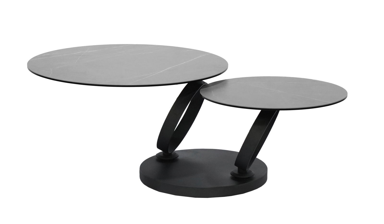 Dieter Knoll Couchtisch PESCARA Moderner Couchtisch mit zwei runden, schwarzen Tischplatten in unterschiedlichen Höhen, seitliche Perspektive.