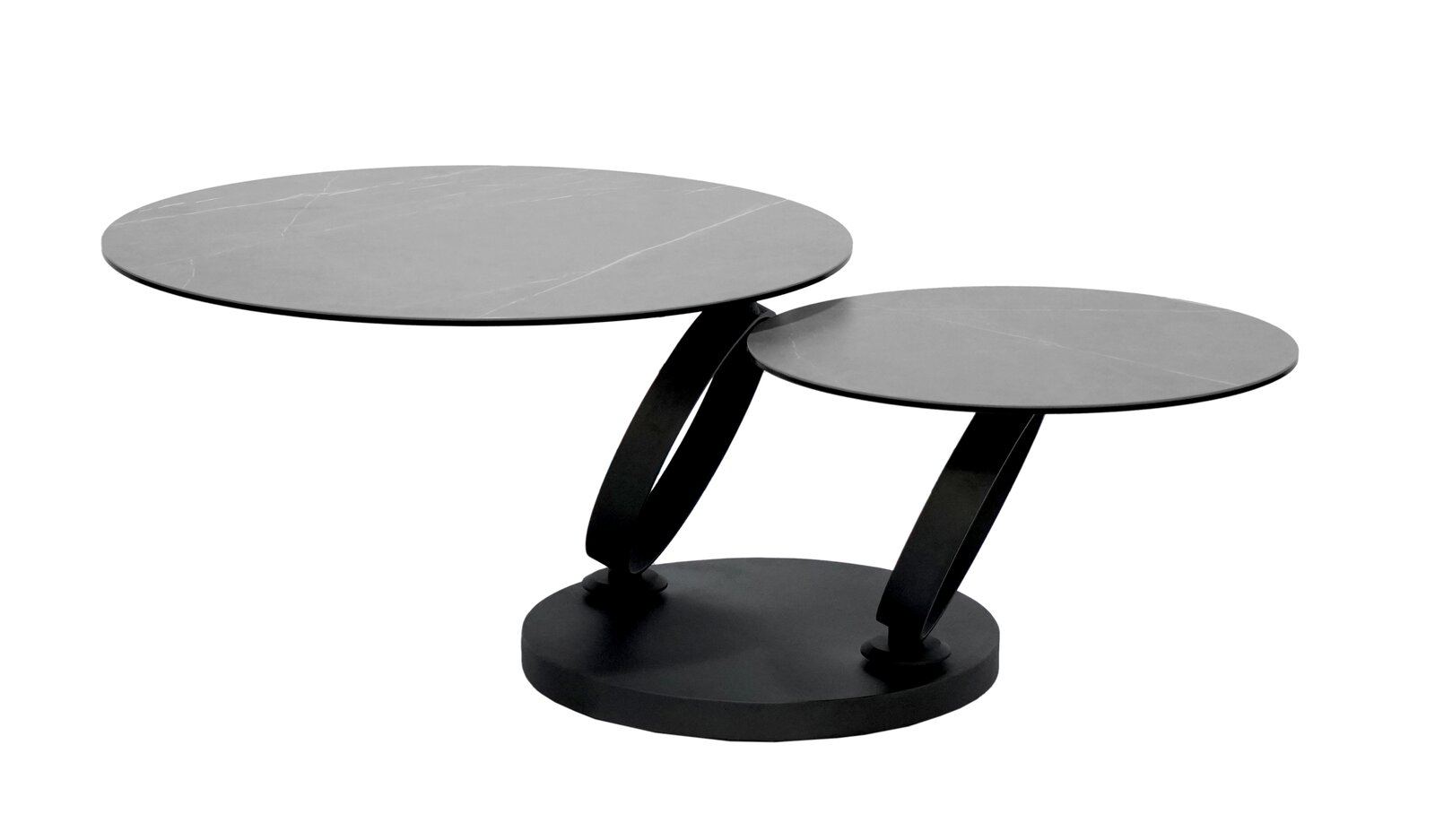 Dieter Knoll Couchtisch PESCARA Moderner Couchtisch mit zwei runden, schwarzen Tischplatten in unterschiedlichen Höhen, seitliche Perspektive.