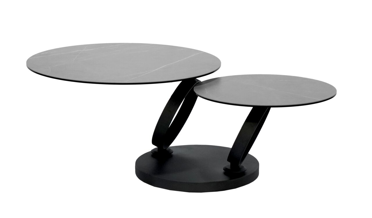 Moderner Couchtisch mit zwei runden, schwarzen Tischplatten in unterschiedlichen Höhen, seitliche Perspektive.