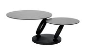 Moderner Couchtisch mit zwei runden, schwarzen Tischplatten in unterschiedlichen Höhen, seitliche Perspektive.