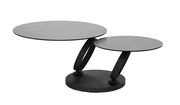 Moderner Couchtisch mit zwei runden, schwarzen Tischplatten in unterschiedlichen Höhen, seitliche Perspektive.