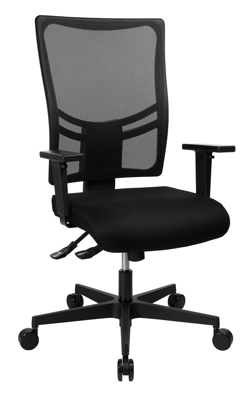 Schwarzer Drehstuhl mit Netzrückenlehne und Armlehnen, seitliche Perspektive