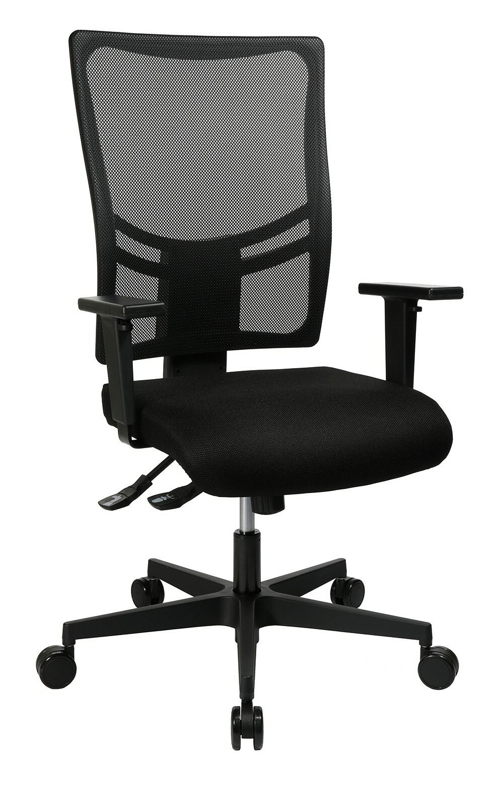 Schwarzer Drehstuhl mit Netzrückenlehne und Armlehnen, seitliche Perspektive