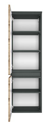 Geöffneter Midischrank mit mehreren Regalböden, Ansicht von vorne.