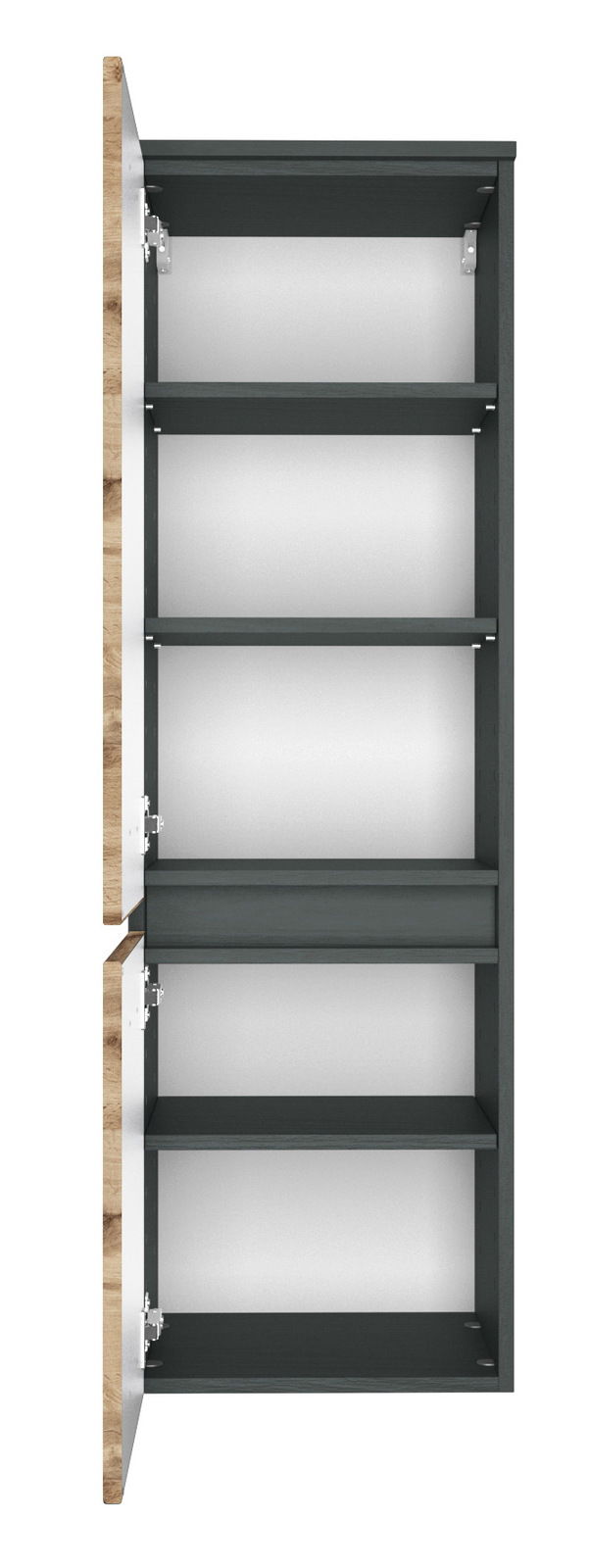 XORA Midischrank LUCCA Geöffneter Midischrank mit mehreren Regalböden, Ansicht von vorne.