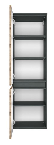 Geöffneter Midischrank mit mehreren Regalböden, Ansicht von vorne.