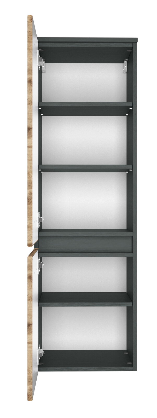 Geöffneter Midischrank mit mehreren Regalböden, Ansicht von vorne.