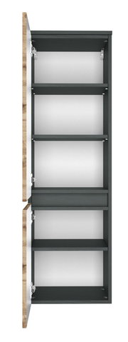 Geöffneter Midischrank mit mehreren Regalböden, Ansicht von vorne.