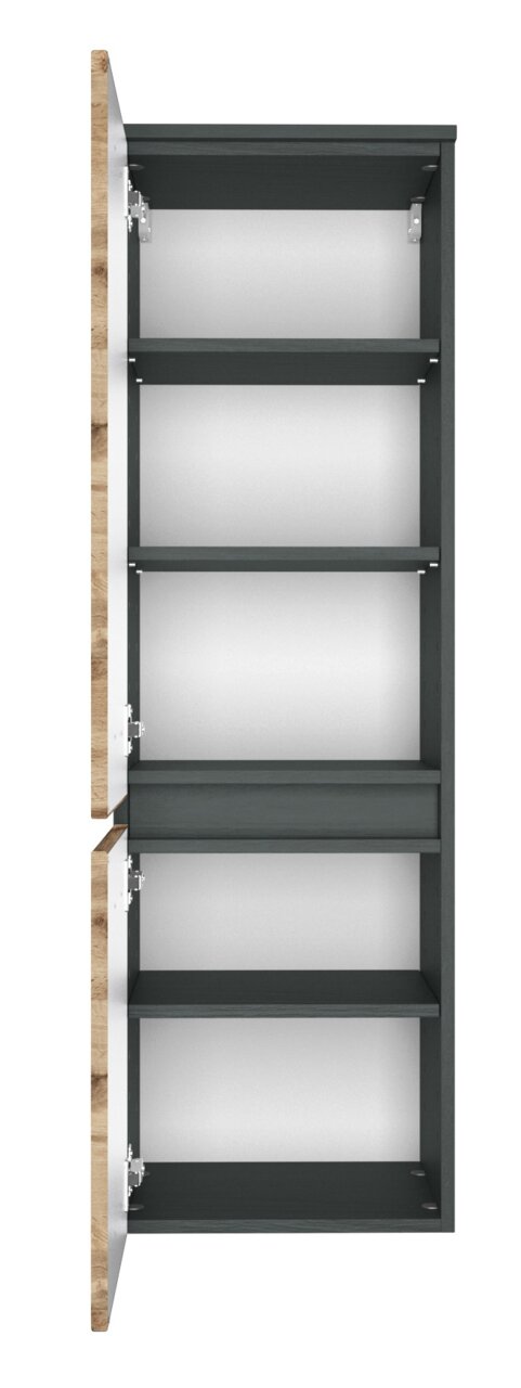 Geöffneter Midischrank mit mehreren Regalböden, Ansicht von vorne.