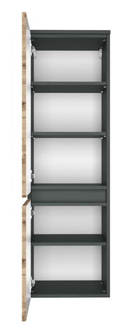 Geöffneter Midischrank mit mehreren Regalböden, Ansicht von vorne.