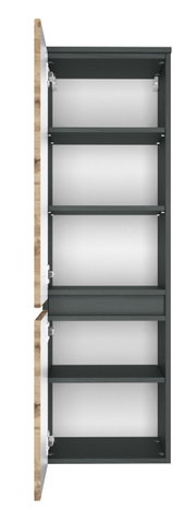 Geöffneter Midischrank mit mehreren Regalböden, Ansicht von vorne.