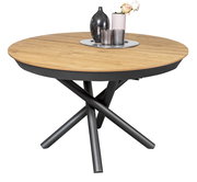 Runder Esstisch mit Holzplatte und schwarzem Metallgestell, seitliche Perspektive