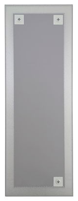 Rückansicht eines rechteckigen Spiegels mit silbernem Rahmen, ca. 50x140 cm, mit Befestigungselementen an den Ecken.