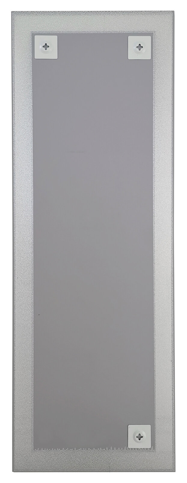 Rückansicht eines rechteckigen Spiegels mit silbernem Rahmen, ca. 50x140 cm, mit Befestigungselementen an den Ecken.