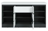 Frontale Ansicht eines modernen Sideboards mit offenen Türen und Schublade, schwarz-weißes Design.