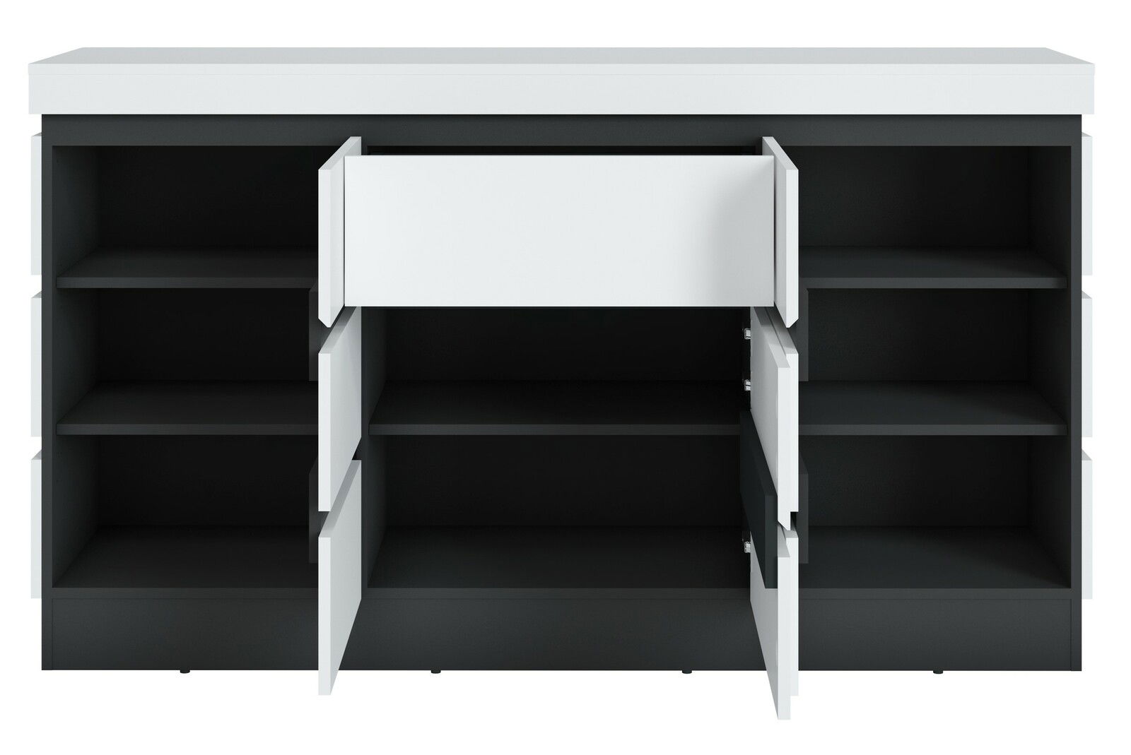 Frontale Ansicht eines modernen Sideboards mit offenen Türen und Schublade, schwarz-weißes Design.
