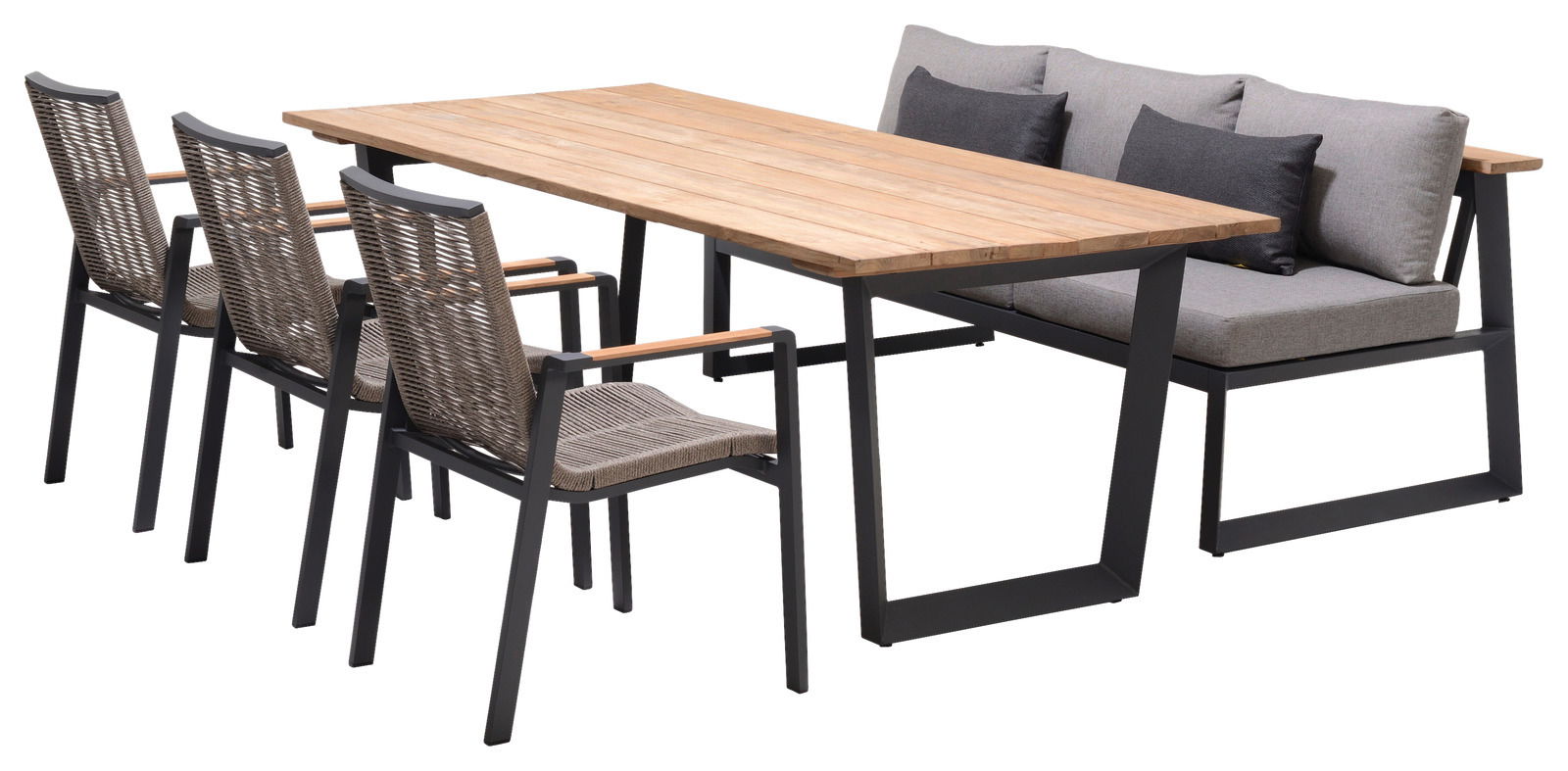 Gartenmöbel-Set mit einem Holztisch, drei Stapelsesseln und einer Bank, seitliche Perspektive