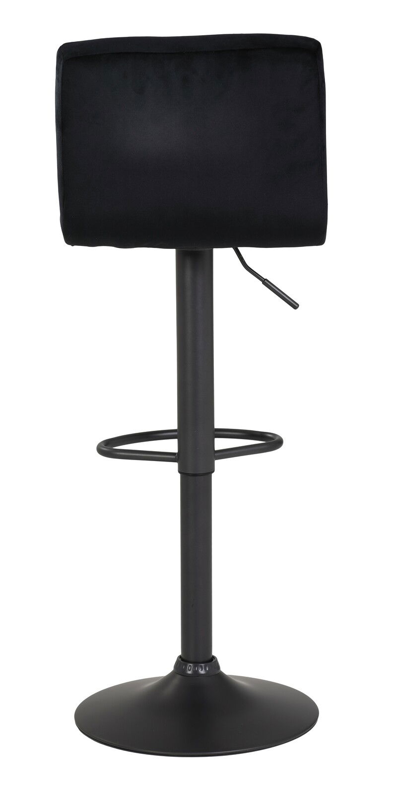 Rückansicht eines schwarzen Barhockers mit runder Basis und Fußstütze
