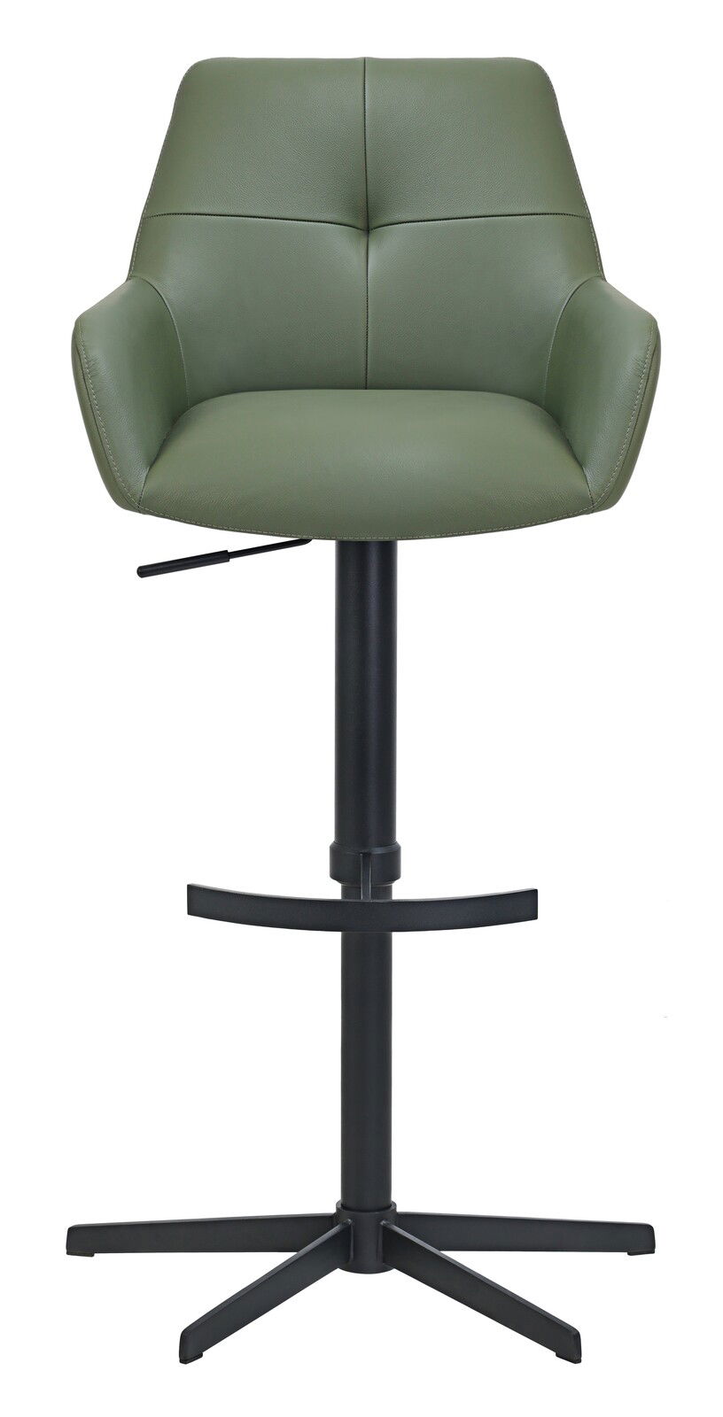 Grüner Barhocker mit gepolsterter Rückenlehne und schwarzem Metallgestell, Frontalansicht