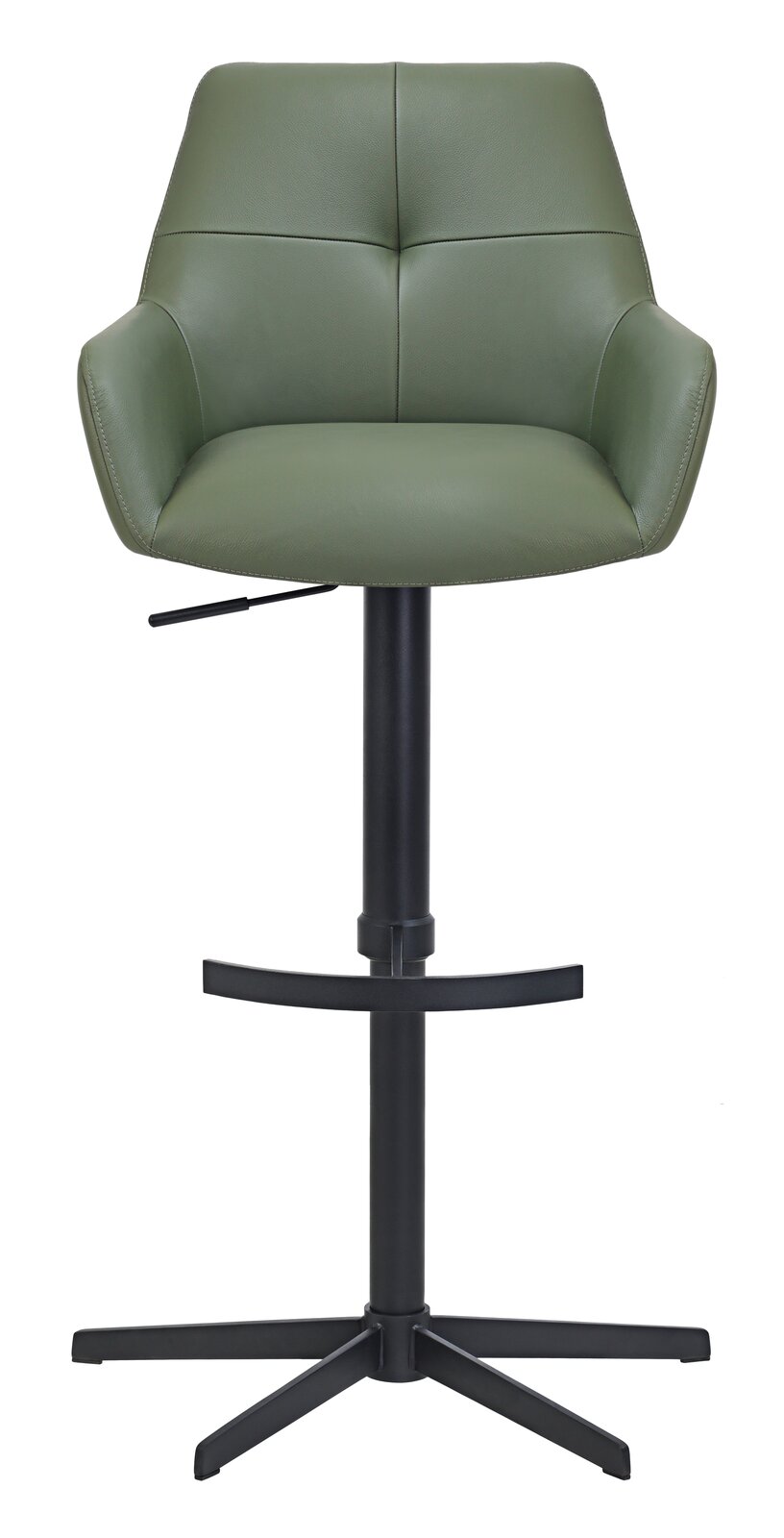 Grüner Barhocker mit gepolsterter Rückenlehne und schwarzem Metallgestell, Frontalansicht