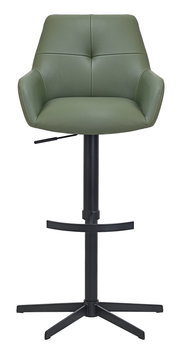 Grüner Barhocker mit gepolsterter Rückenlehne und schwarzem Metallgestell, Frontalansicht