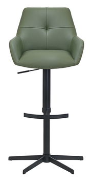 Grüner Barhocker mit gepolsterter Rückenlehne und schwarzem Metallgestell, Frontalansicht