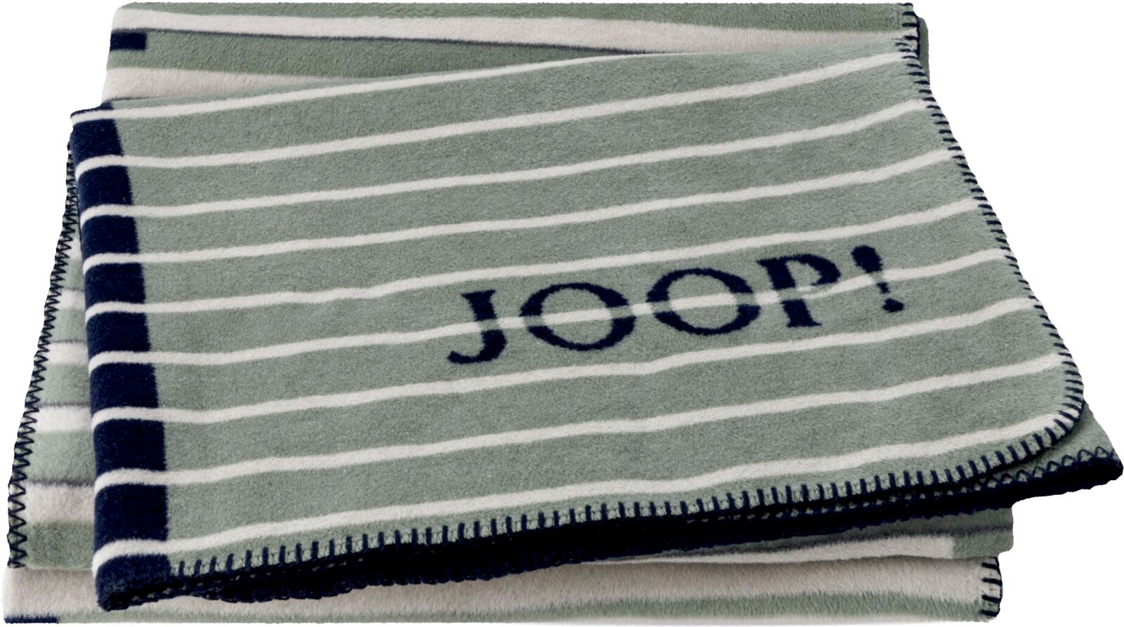 JOOP! Wohndecke 150 x 200 cm Zusammengefaltete, grau-weiß gestreifte JOOP! Wohndecke mit dunkelblauer Umkettelung, schräg von oben (3/4-Ansicht) fotografiert