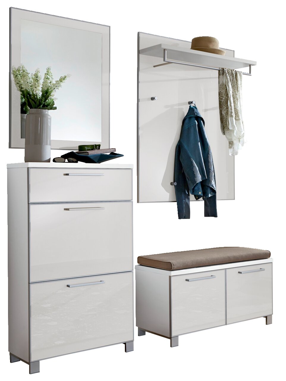 Modernes 5-teiliges Garderoben-Set in Weiß mit Spiegel, Schuhschrank, Sitzbank und Wandpaneel, seitliche Perspektive