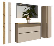 Garderoben-Set 5-tlg. in moderner Perspektive, bestehend aus einem Spiegel, einem Schrank, einer Kommode und zwei Wandpaneelen mit Haken, in Holz- und Beigetönen.
