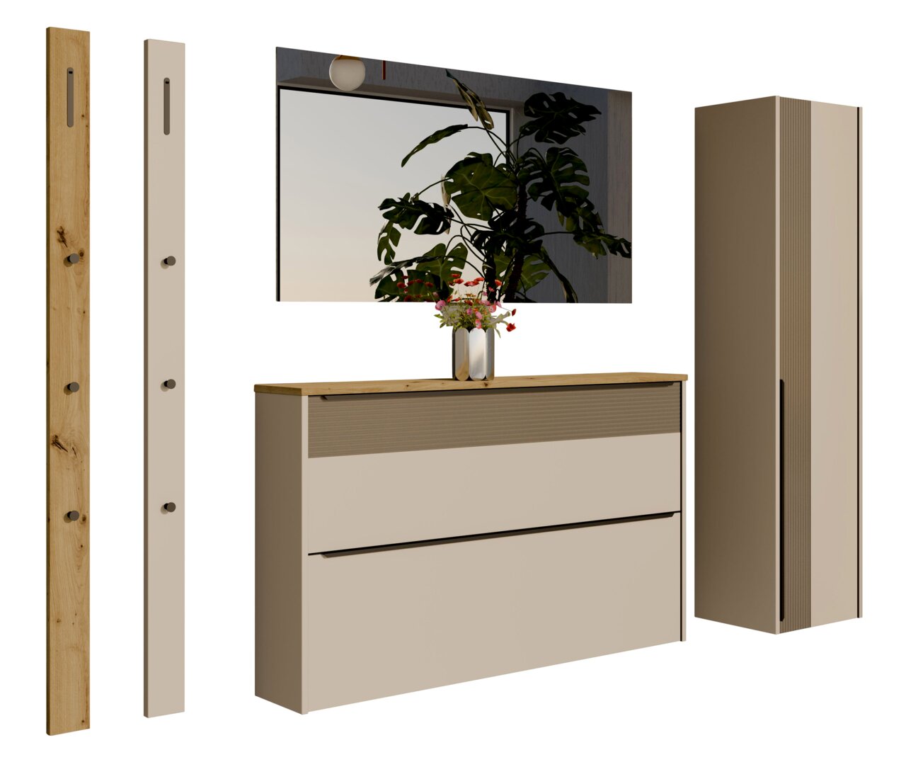 Garderoben-Set 5-tlg. in moderner Perspektive, bestehend aus einem Spiegel, einem Schrank, einer Kommode und zwei Wandpaneelen mit Haken, in Holz- und Beigetönen.