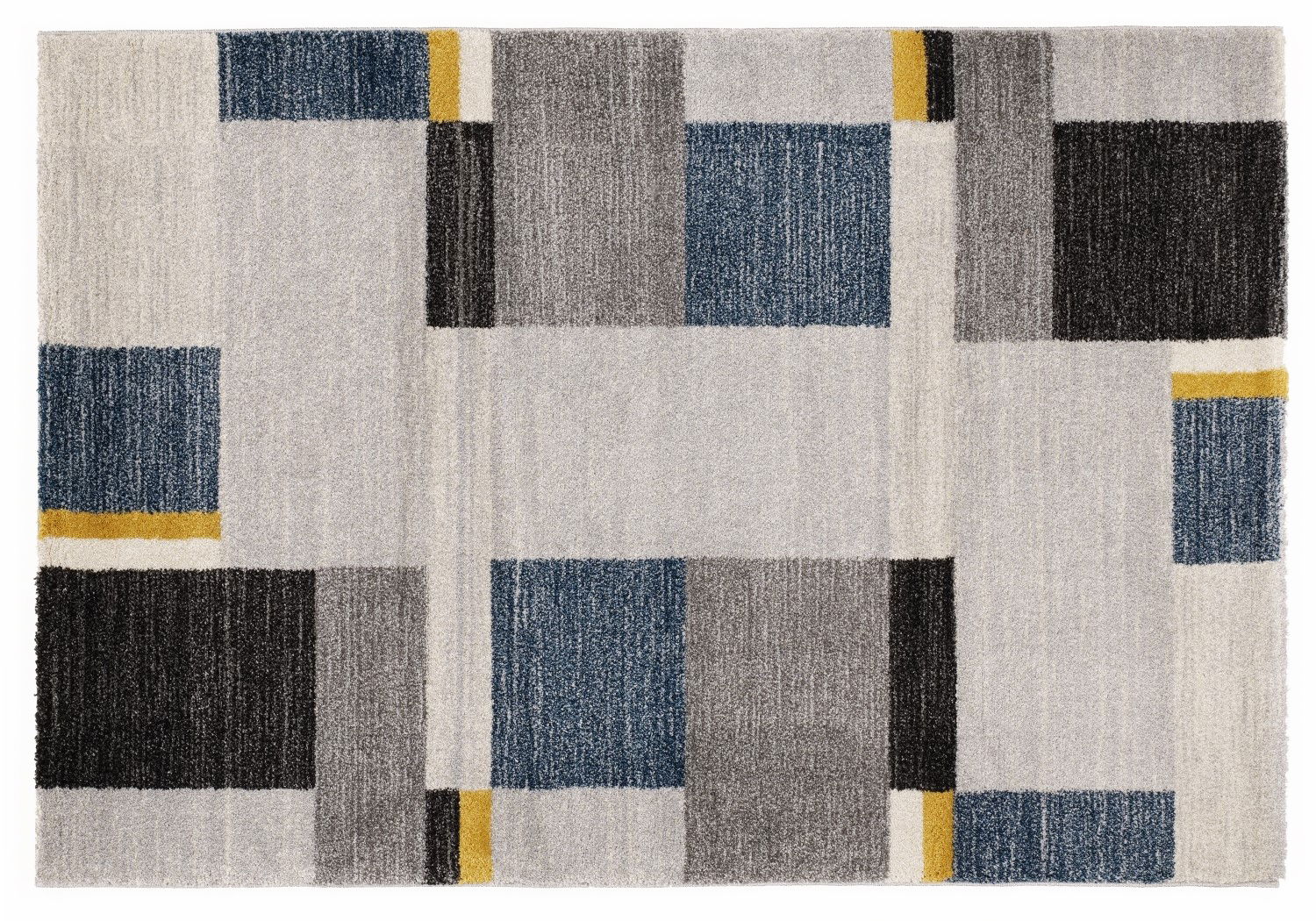 Moderner Teppich mit geometrischem Muster in Blau, Grau, Schwarz und Gelb, Draufsicht