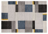 Moderner Teppich mit geometrischem Muster in Blau, Grau, Schwarz und Gelb, Draufsicht