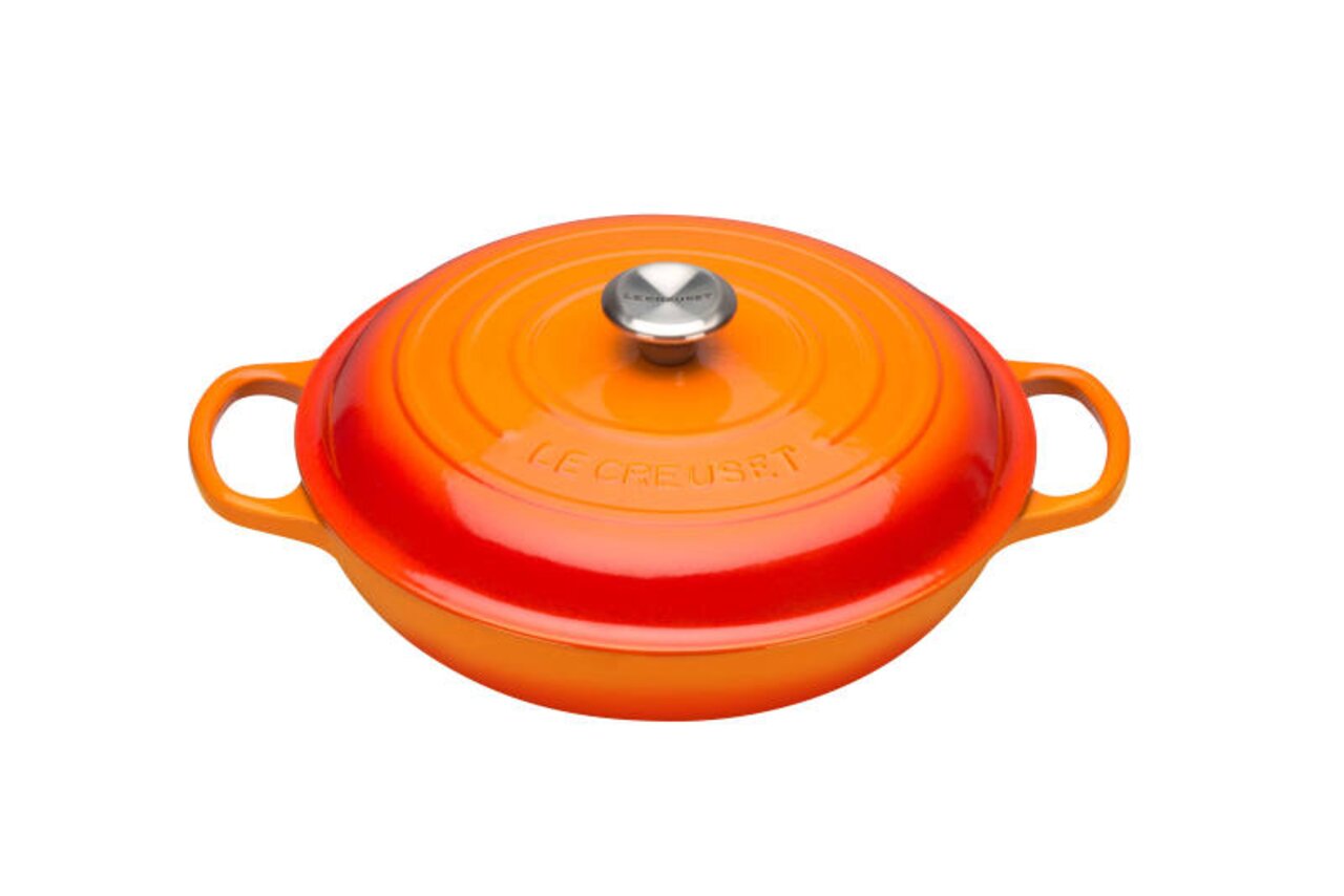 LE CREUSET Gourmet-kookpot 30 cm ovenrood SIGNATURE Gourmet Profitopf 30cm in Ofenrot, Draufsicht mit zwei Griffen und Deckel