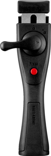 Afneembare pannenhandgreep in de kleur zwart, vooraanzicht met rode drukknop en vergrendelingsmechanisme.